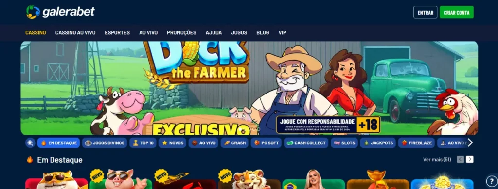 Página inicial da Galera Bet com destaque para o jogo "Duck the Farmer", botão de cadastro, categorias de cassino, cassino ao vivo, esportes e promoções. 