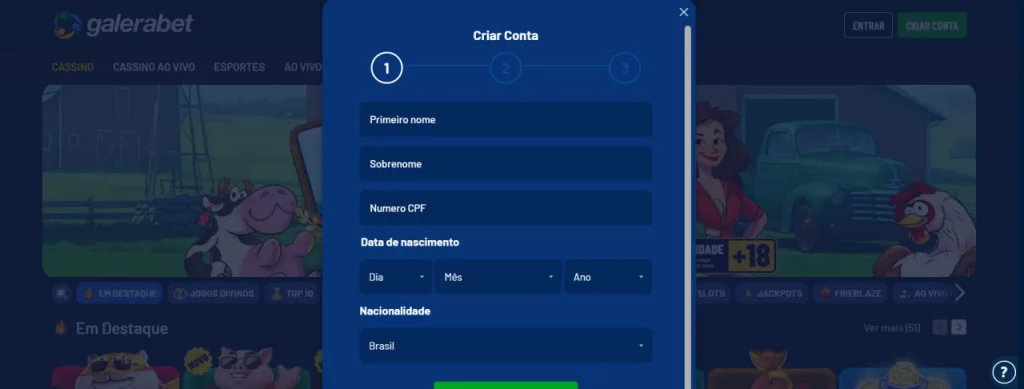 Formulário completo de registro na Galera Bet com campos para nome, sobrenome, CPF, data de nascimento e nacionalidade. 